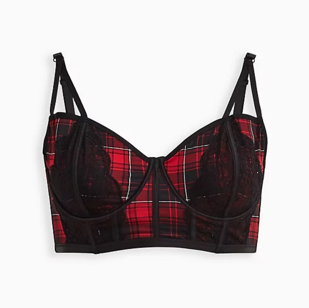 Torrid red plaid unlined longline strappy bralette. Size 5x